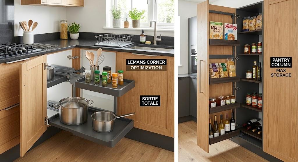 Aménagement d'angle avec plateaux LeMans à sortie totale et colonne garde-manger coulissante pour cuisine optimisée