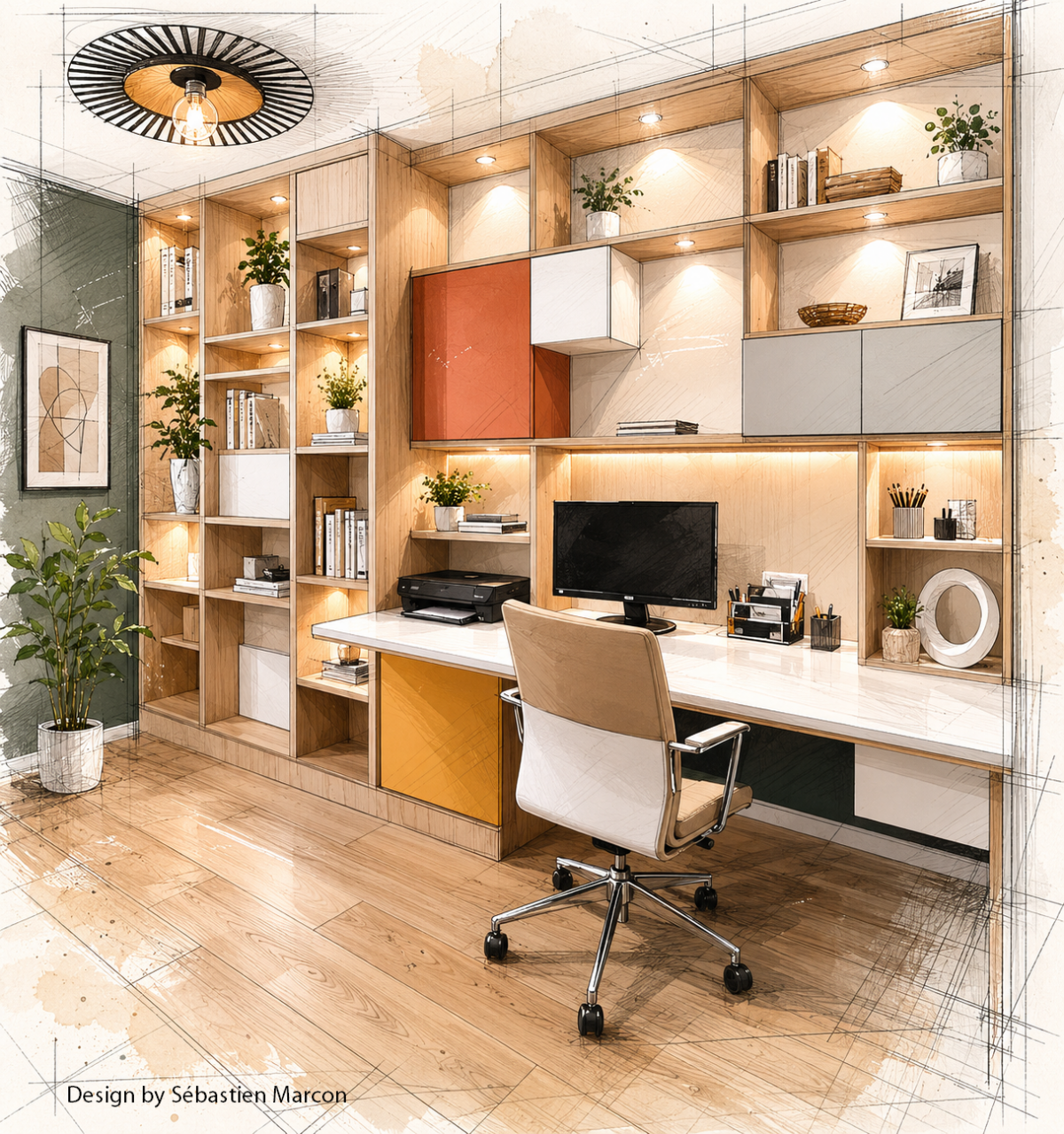 bibliothèque design avec niches colorées sur mesure