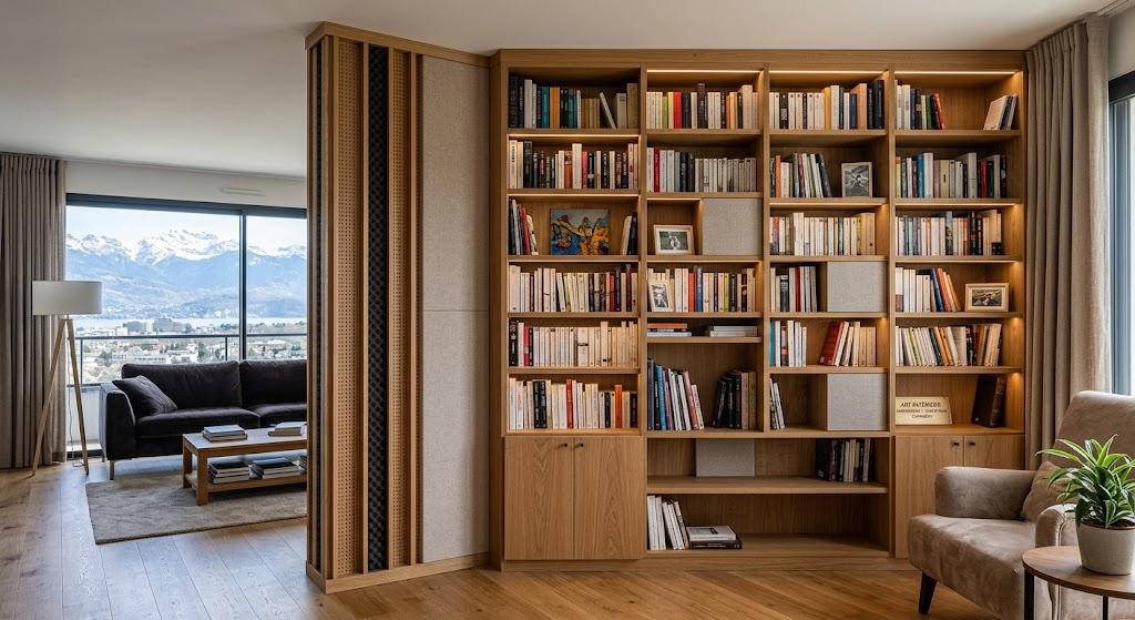 Bibliothèque murale acoustique sur mesure contre mur mitoyen – agencement salon Chambéry
