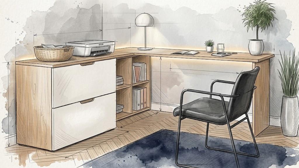 Bureau d'angle en bois chêne avec façades blanches, fabrication sur mesure – Art Intérieur Aix-les-Bains