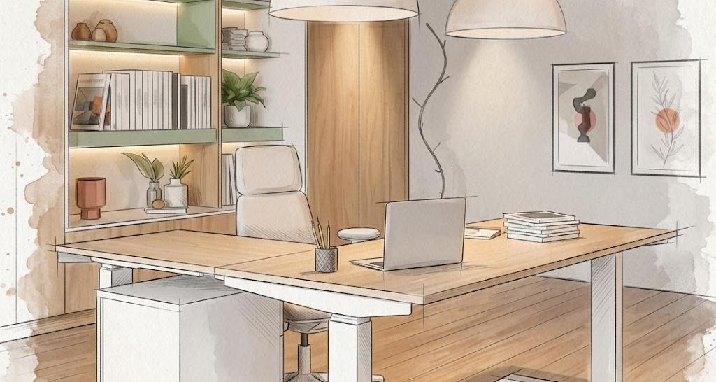 Bureau d'angle électrique réglable en hauteur, coloris bois et pied blanc – Art Intérieur Aix-les-Bains