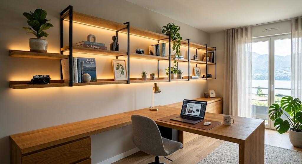 Bureau sur mesure en bois cerisier avec étagère métal noir, design chic – Art Intérieur Aix-les-Bains