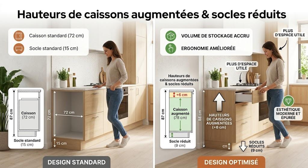 Schéma comparatif : caissons de cuisine à hauteur augmentée et socles réduits pour gagner du volume de rangement