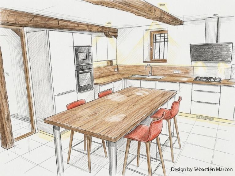 Conception 3D de la cuisine sur mesure par le designer Sébastien Marcon, Art Intérieur Agencement Aix-les-Bains