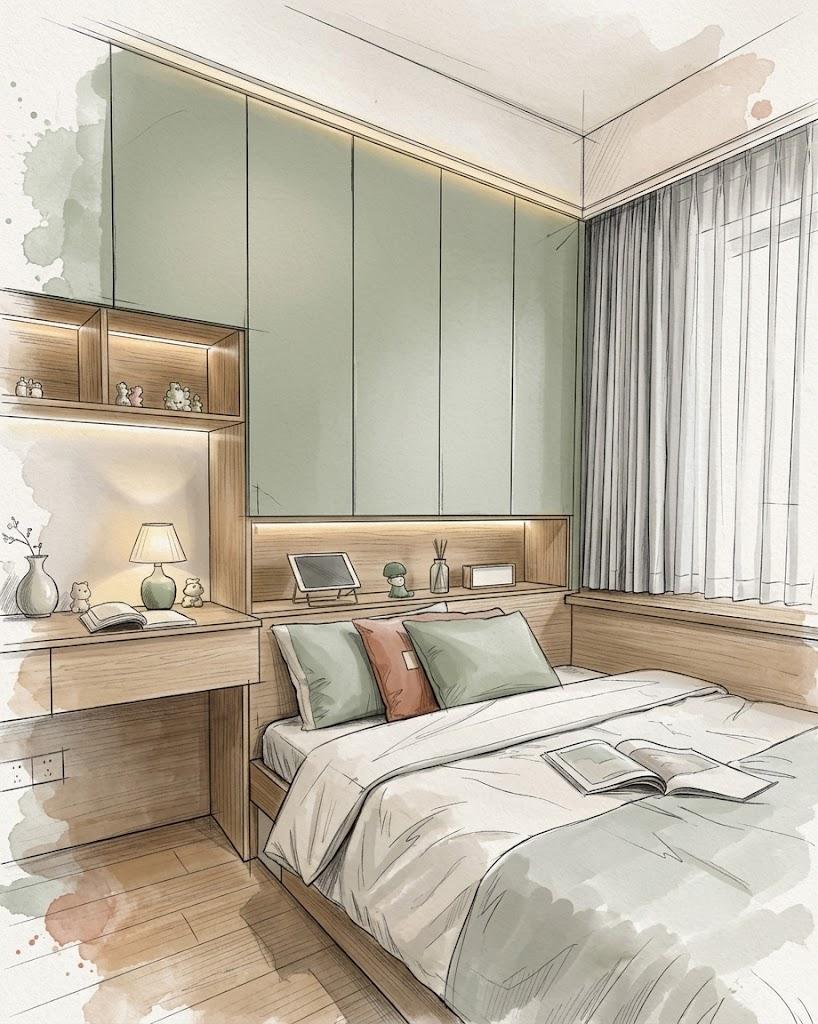 Croquis d'agencement de chambre sur mesure : tête de lit avec rangements intégrés, placards vert sauge toute hauteur et bureau attenant – conception 3D Aix-les-Bains