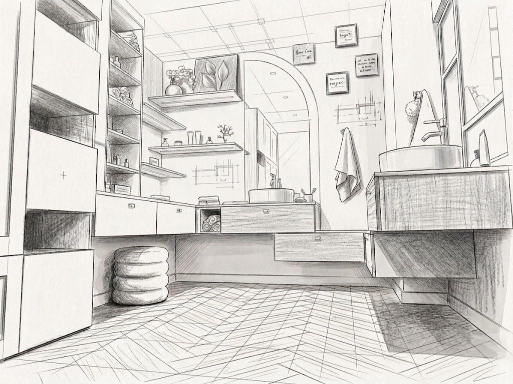 Croquis de conception d'une salle de bains sur mesure à Aix-les-Bains