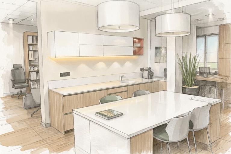 cuisine blanche et bois avec ilot granit blanc aixlesbains