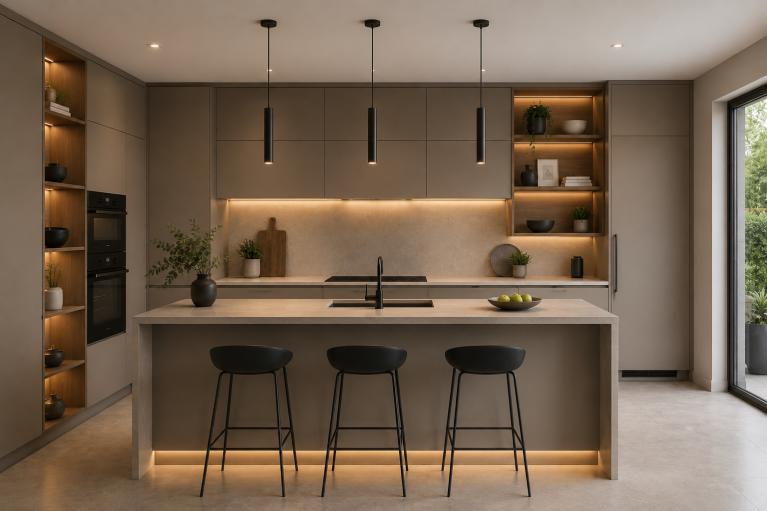 Cuisine ouverte sur le salon avec aménagement intérieur sur mesure