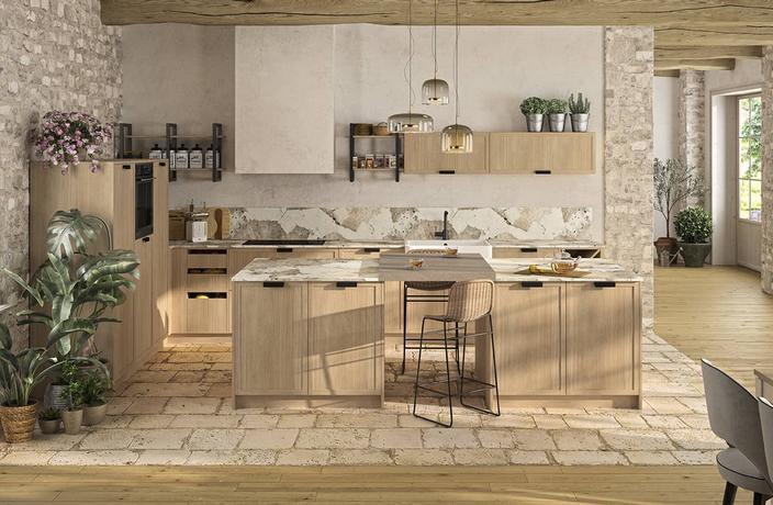 Cuisine contemporaine campagnarde avec façades bois – Sagne Cuisines – cuisiniste Aix-les-Bains, Savoie (73)