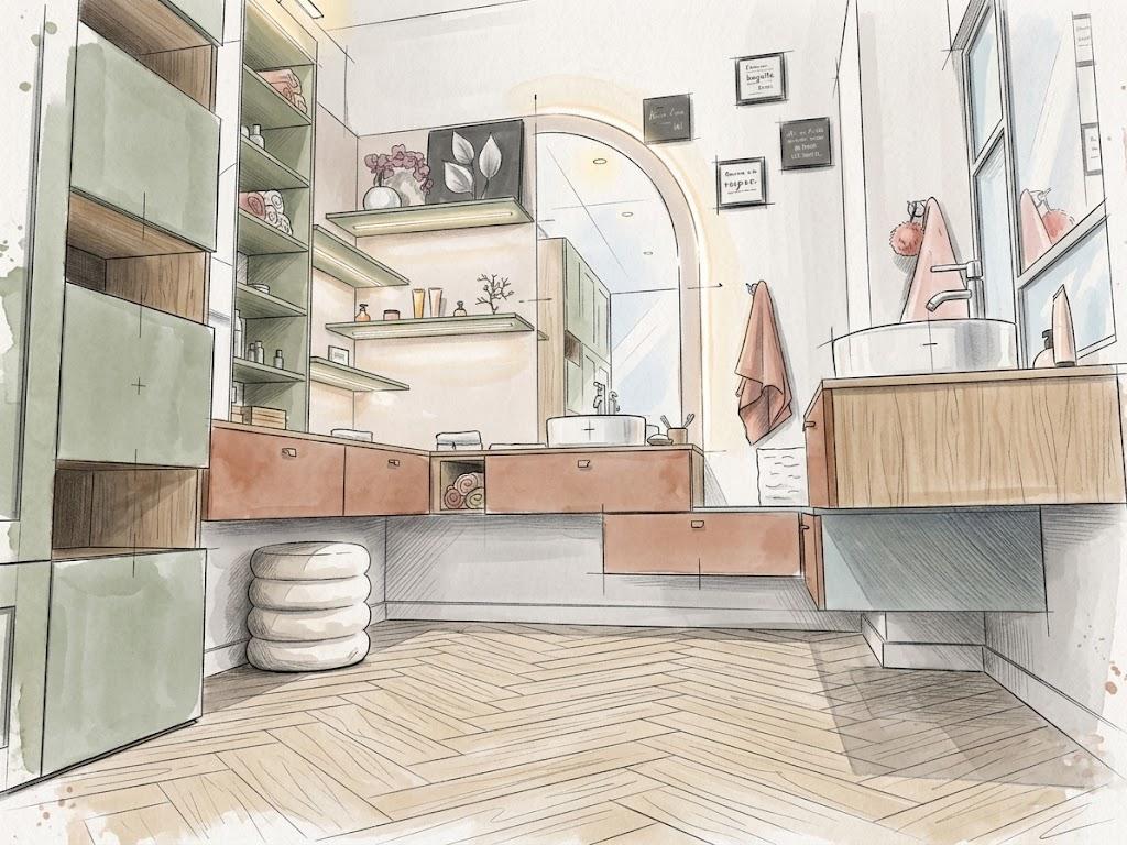 Dessin en couleur d'un projet de salle de bains d'angle, vert sauge et rose poudré, à Aix-les-Bains