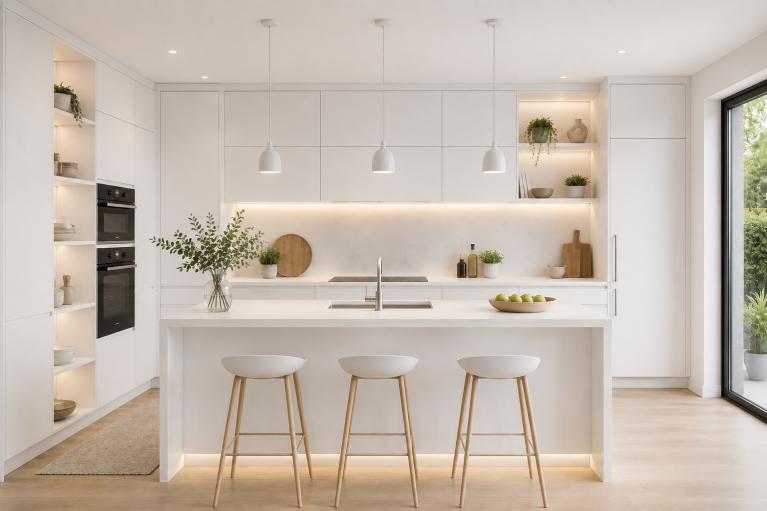 Éclairage LED intégré dans une cuisine sur mesure haut de gamme