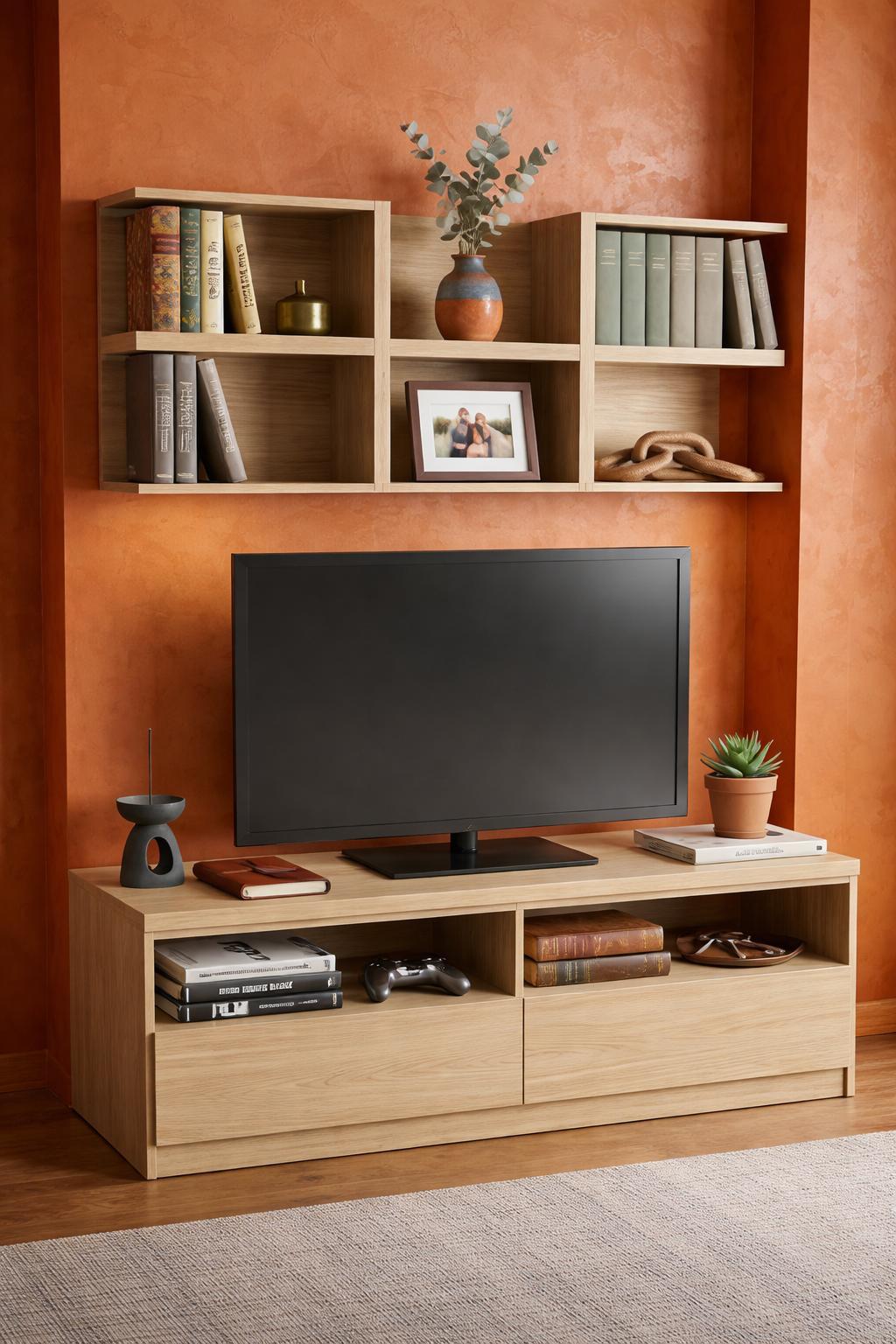 Ensemble meuble TV et bibliothèque sur mesure dans alcôve – chêne naturel et fond Tadelakt terracotta – Art Intérieur Agencement, Aix-les-Bains