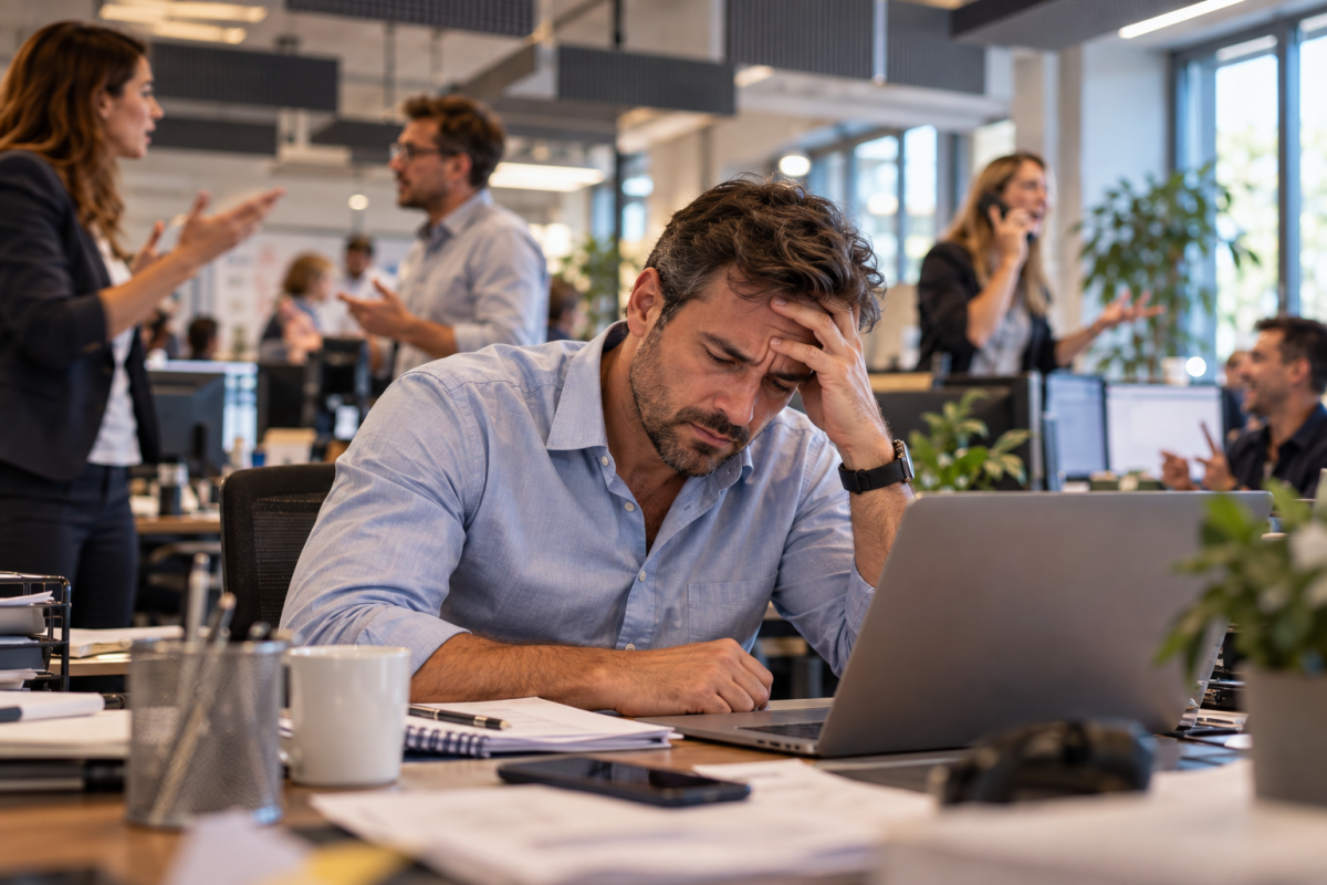 Salarié fatigué par le bruit et la réverbération, perte de concentration dans un espace de travail bruyant