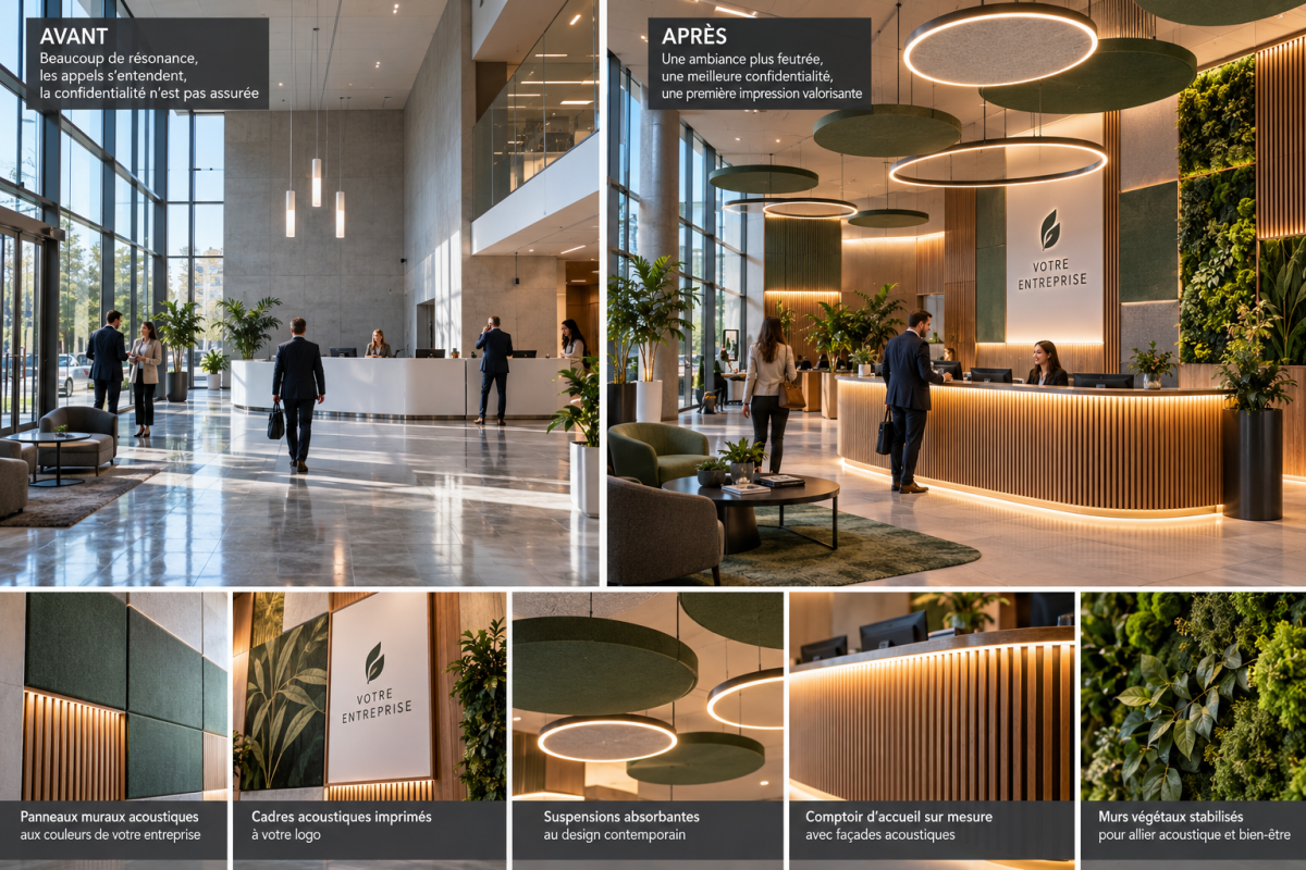 Hall d'accueil d'entreprise équipé de panneaux acoustiques décoratifs contre la résonance, Savoie