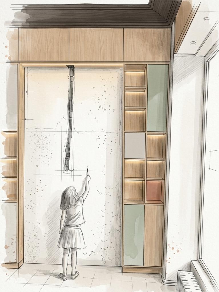 Esquisse aquarelle d'une petite fille devant un futur bureau sur mesure — Art Intérieur Agencement Aix-les-Bains