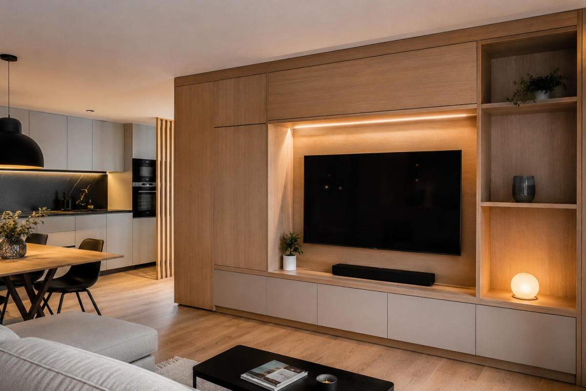Meuble TV sur mesure en chêne clair avec rangements intégrés et éclairage LED – salon séjour ouvert sur cuisine, agencement Aix-les-Bains