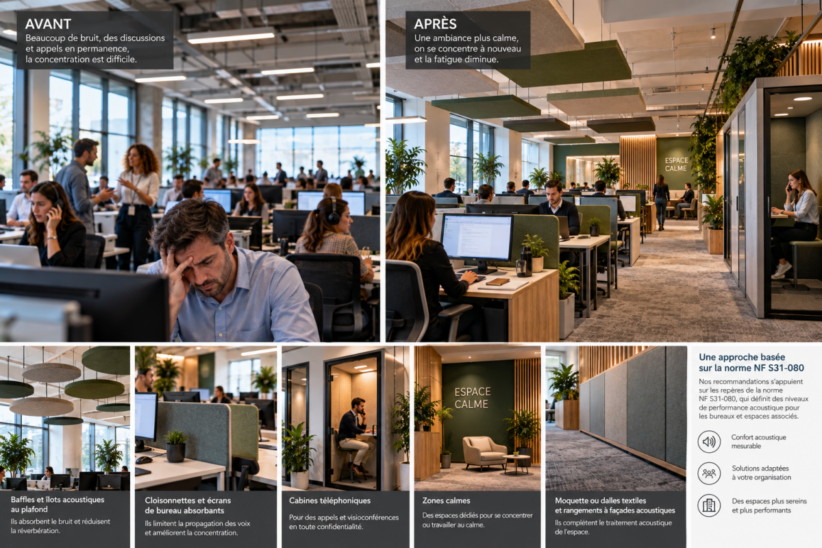 Open-space avec zone calme et solutions acoustiques pour réduire le bruit des bureaux, Aix-les-Bains