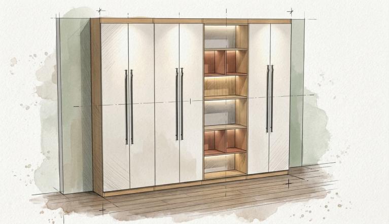 Placard sur mesure avec niches, étagères épaisses et bandeau LED — salon séjour, réalisation Art Intérieur Agencement Savoie
