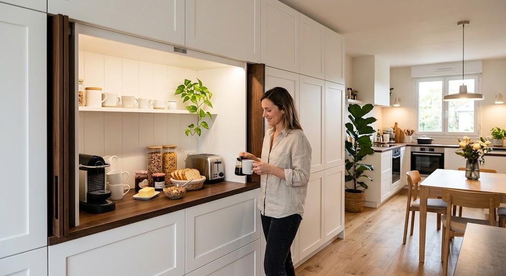 Portes escamotables rentrantes qui s'effacent latéralement – coin café intégré dans une cuisine sur mesure