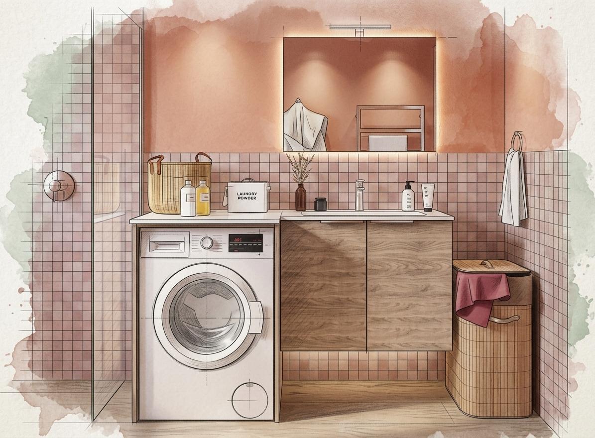 Salle de bain sur mesure avec buanderie intégrée – agencement bois et teintes poudrées, Aix-les-Bains