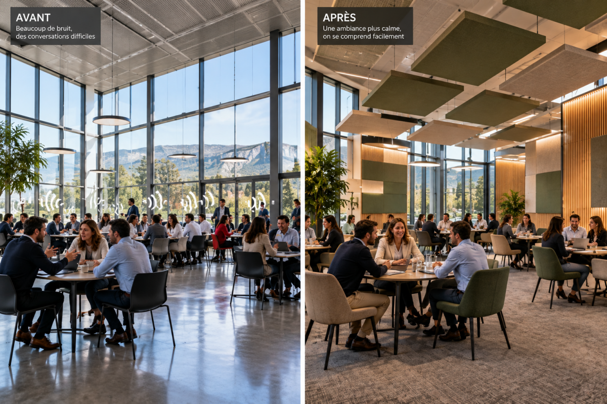 Illustration d'une salle de restaurant avec îlots acoustiques suspendus au plafond et panneaux muraux