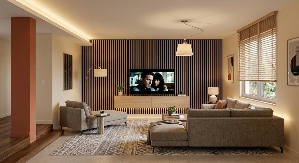Salon cosy et silencieux grâce aux panneaux acoustiques sur mesure – agencement intérieur Savoie – Art Intérieur Agencement