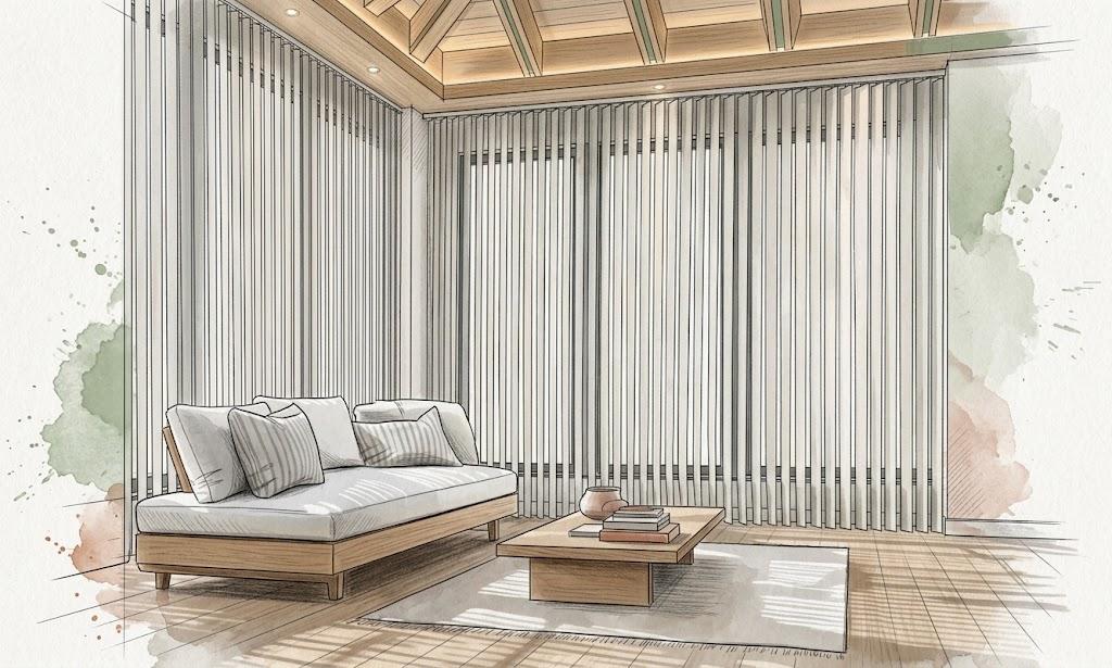 Store californien Luxaflex posé sur mesure dans un salon avec canapé – Art Intérieur Aix-les-Bains Savoie