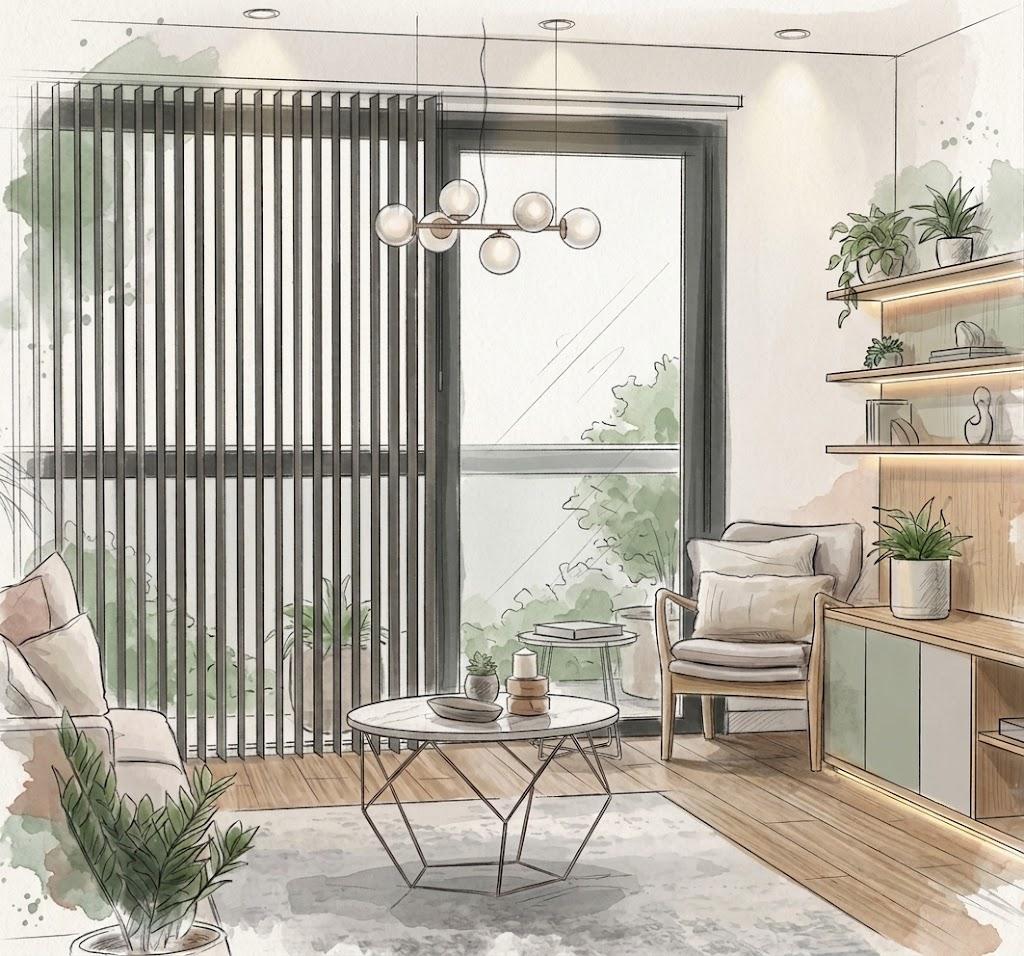 Store californien Luxaflex lamelles verticales sur mesure à Aix-les-Bains – Art Intérieur Agencement