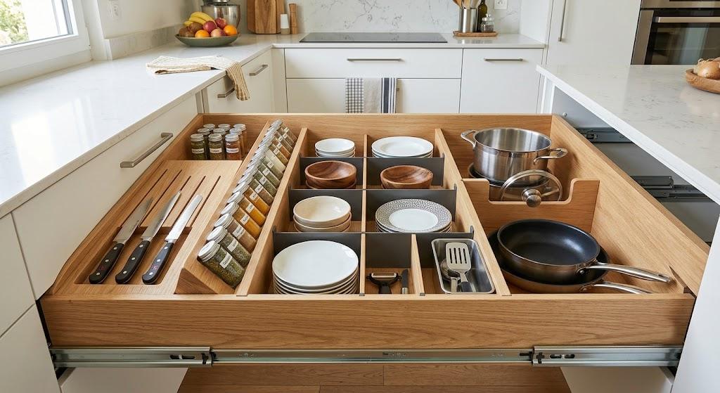Grand tiroir de cuisine compartimenté en bois : rangement vaisselle, couteaux et épices sur toute la profondeur