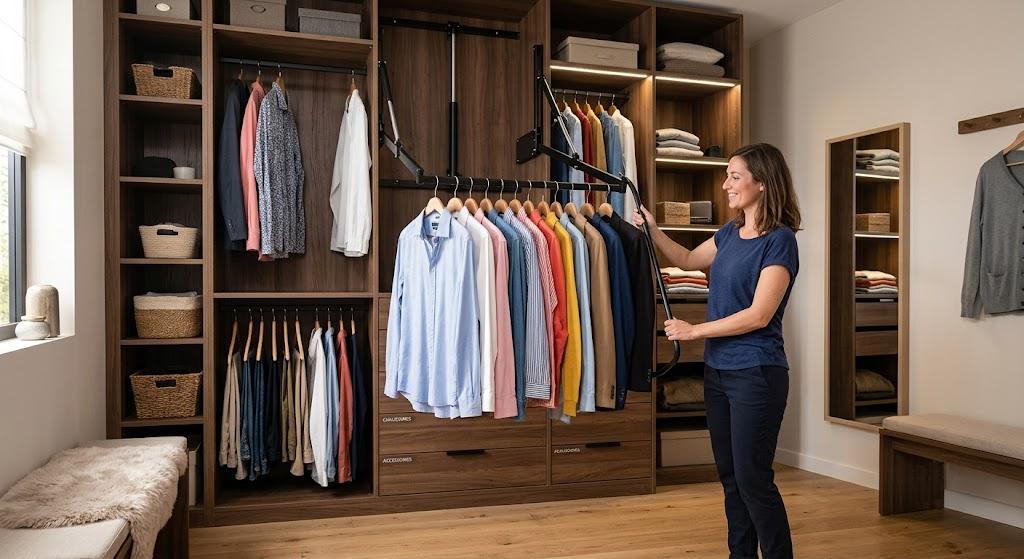 Tringle escamotable basculante dans un dressing sur mesure – accès facile aux vêtements rangés en hauteur
